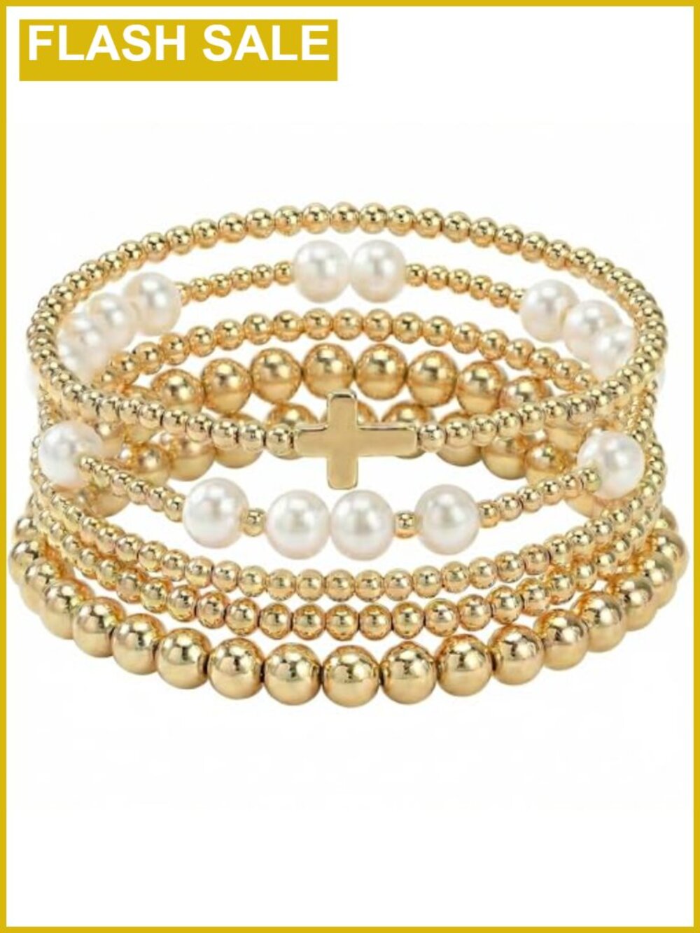 14K Gold Plated Pearl Beaded Cross Stretch Bracelet Set 5pc Stackable